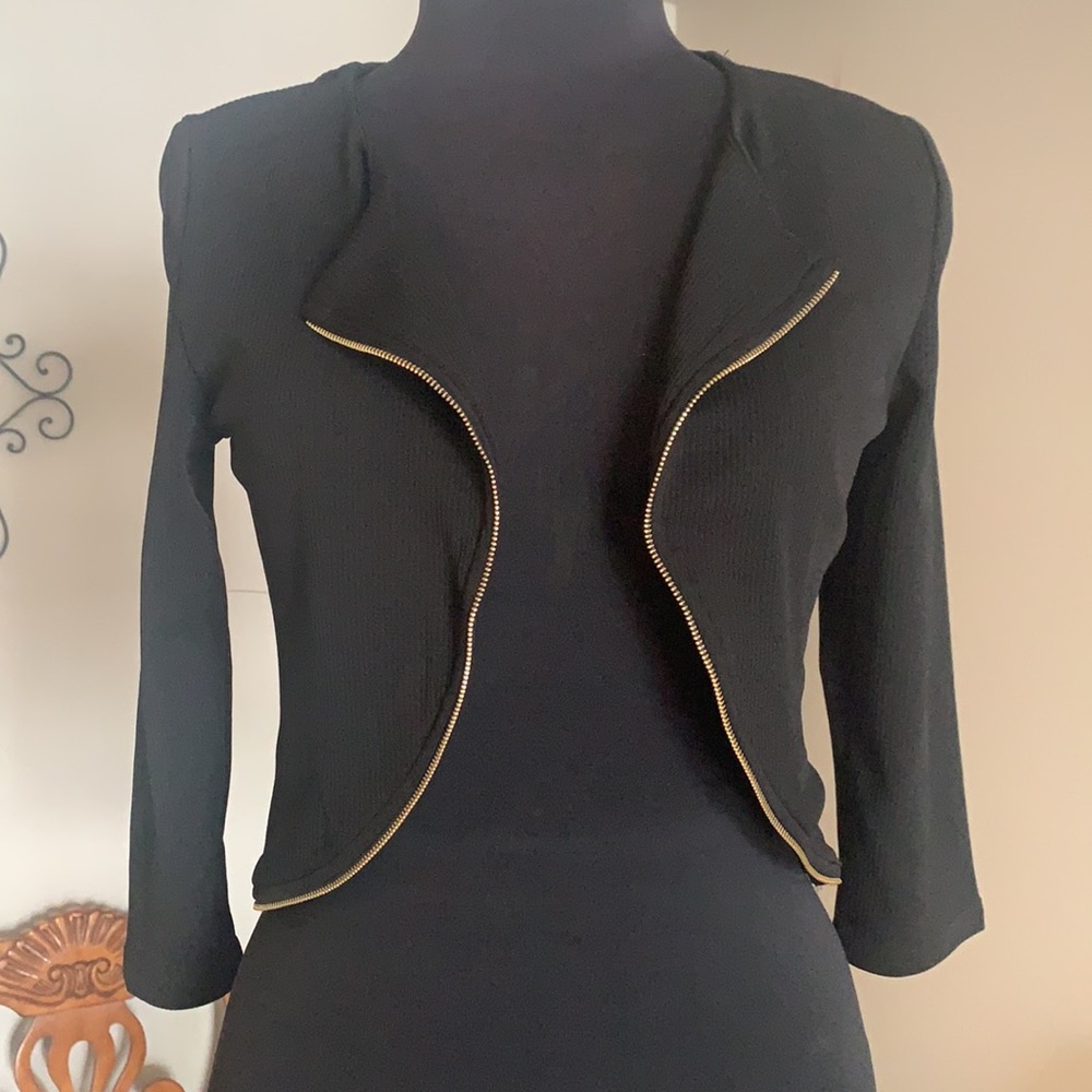 NEW zipper accent crop rib knot open cardigan jacket Black